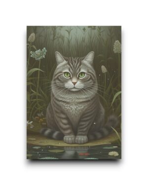 A6 Ansichtkaart - Cats: Grey Tabby by the pond