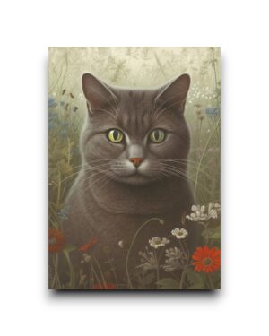 A6 Ansichtkaart - Cats: Big grey with wild flowers