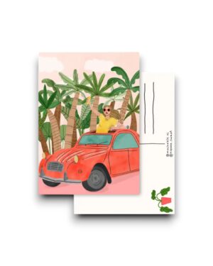 A6 ansichtkaart - Vakantie auto tussen palmen