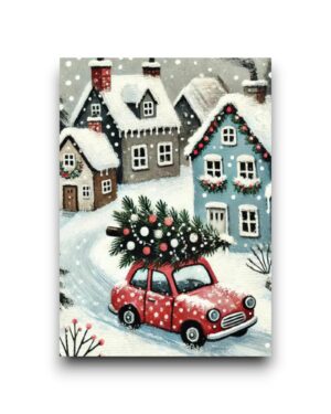 A6 Ansichtkaart - Winter Village: Red car