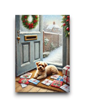 A6 Ansichtkaart - Winter Mail: Dog at the door