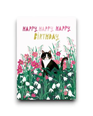A6 Ansichtkaart -Snowdrops and cat happy happy happy birthday
