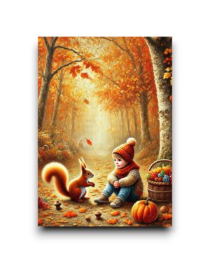 A6 Ansichtkaart - Autumn Season: Jongen met eekhoorn